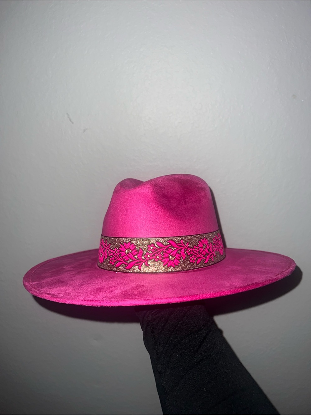 Hot Pink Wide Brim Fedora Hat with Embroidered Band
